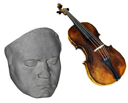 Lebendmaske und Bratsche aus dem Streichquartett von Ludwig van Beethoven als 3D-Modelle